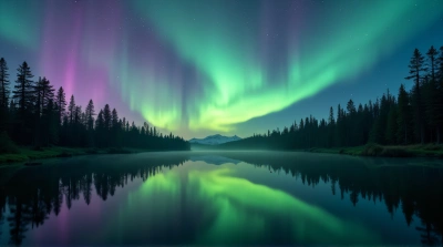 Green Purple Aurora Over Pine Forest Lake Reflection