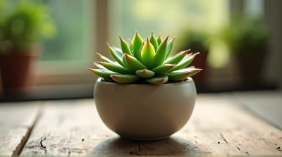 Green Succulent Plant In Ceramic Container On Wood