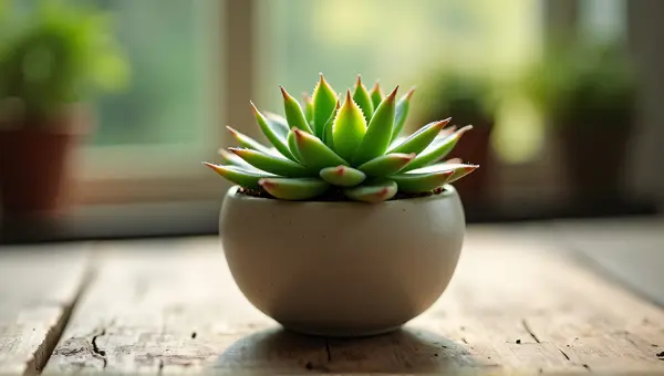 Green Succulent Plant In Ceramic Container On Wood