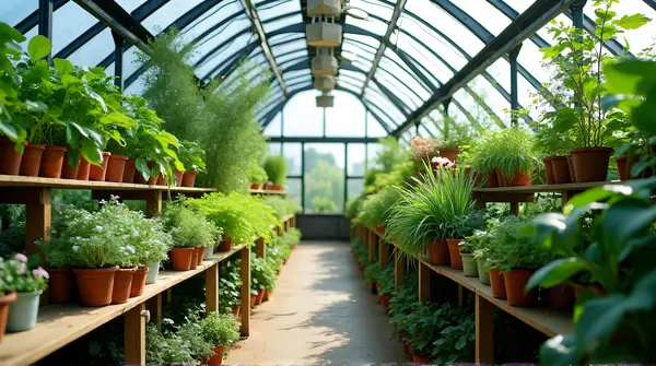 Various leafy greens and flowering plants on wooden shelves and hanging baskets inside a spacious greenhouse with metal framing