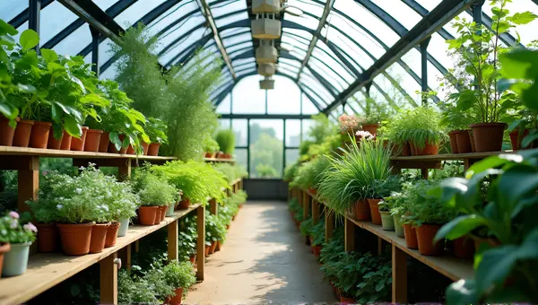 Greenhouse Plants On Wooden Shelves With Flowers