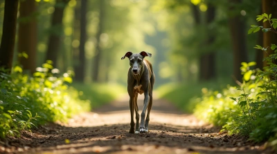 Greyhound Running On Sunlit Woodland Trail