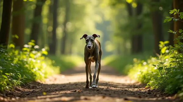 Greyhound Running On Sunlit Woodland Trail