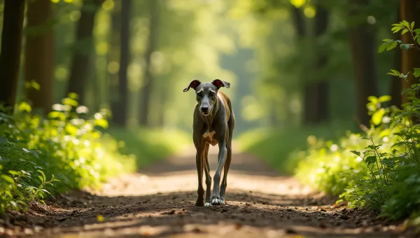 Greyhound Running On Sunlit Woodland Trail