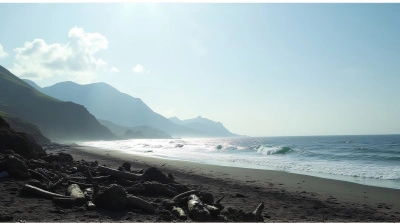 Gritty Coastline Under Jagged Peaks With Driftwood