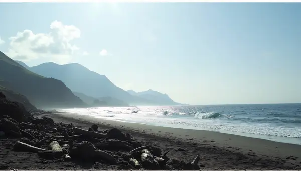 Gritty Coastline Under Jagged Peaks With Driftwood