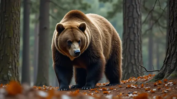 Grizzly Bear Walking Through Pine Tree Landscape