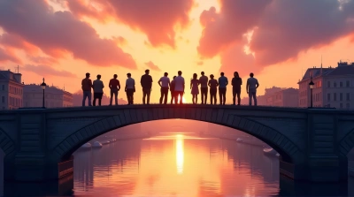 Group On Arch Structure With Urban Skyline