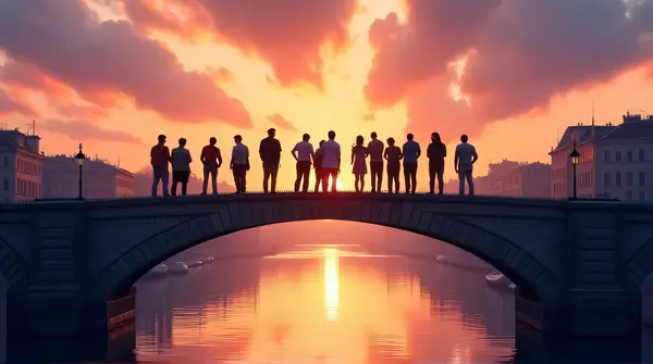 People standing on an arch structure over a river with city buildings in the background under soft lighting