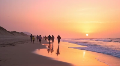 Group Journey Along Sandy Coast At Colorful Sky