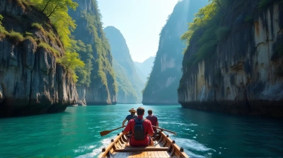 Group Navigating Wooden Boat Through Narrow Channel