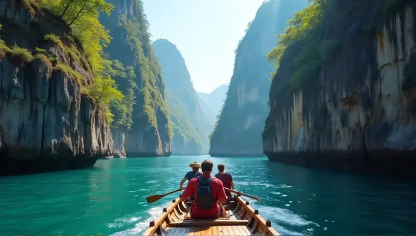 Group Navigating Wooden Boat Through Narrow Channel