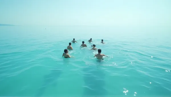 Group Swimming Across Clear Calm Water From Above