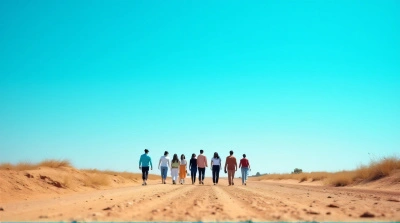 Group Walking On Textured Dry Ground Under Clear Sky