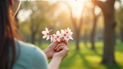 Hand Grasping Pale Blossoms In Soft Sunlight