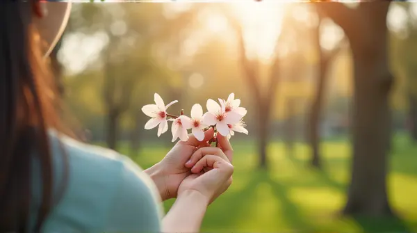Hand Grasping Pale Blossoms In Soft Sunlight