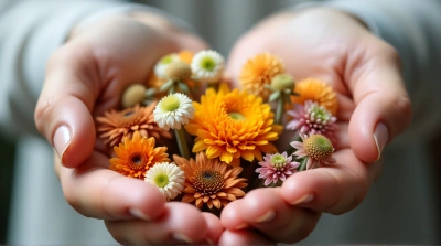 Hands Grasping Assorted Floral Arrangement Closeup