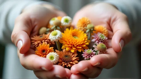 Close-up of hands gently grasping an arrangement of assorted blossoms with varied petals and stems