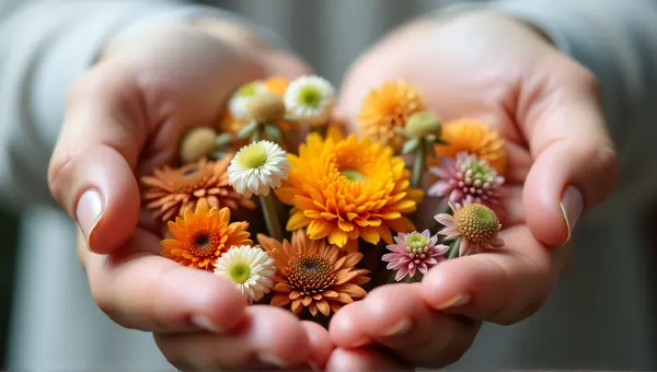 Hands Grasping Assorted Floral Arrangement Closeup