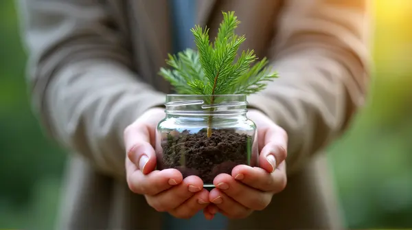 Hands Holding Pine Sapling In Jar For Growth