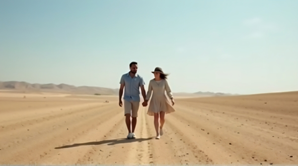 Cheerful man and woman walking together on dry ground under a clear blue sky