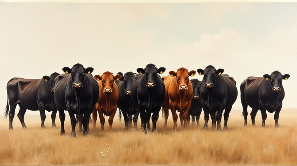 Cluster of chestnut and dark cattle grazing in an open landscape under soft daylight.