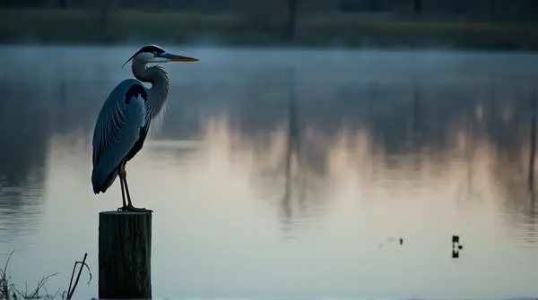 A heron perched on a weathered wooden post beside a reflective pond at dusk with soft ripples on the surface.