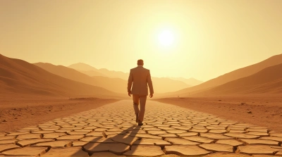 Hiker Crossing Arid Hills Under Sunny Sky