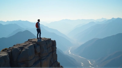 Hiker Standing On Rocky Ridge With Valley Views