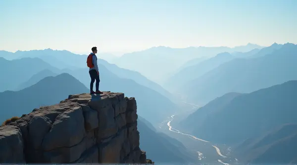 Hiker Standing On Rocky Ridge With Valley Views