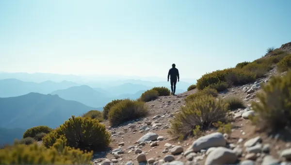 Hiker Walking Rocky Ridge Under Expansive Sky