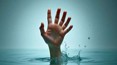 Human Hand Reaching Up Through Clear Liquid