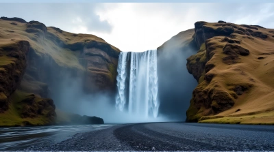 Icelandic Waterfall With Mist And Rocky Basin