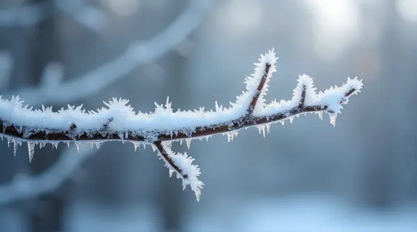 A single branch covered in sharp white ice crystals against a softly blurred background