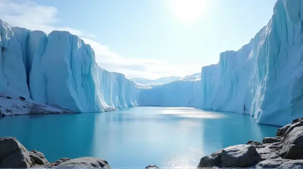 Sharp ice cliffs descend into a reflective lake under a clear sky, framed by rocky shores.