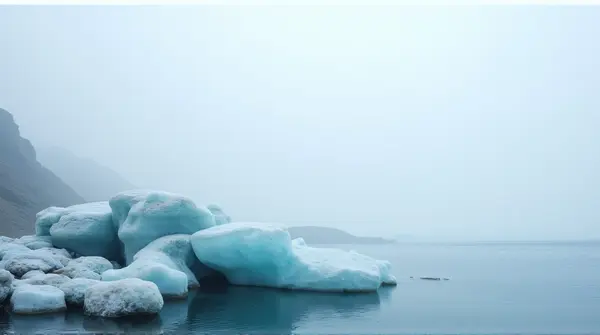Icy Crystal Stones Near Misty Saltwater Shore