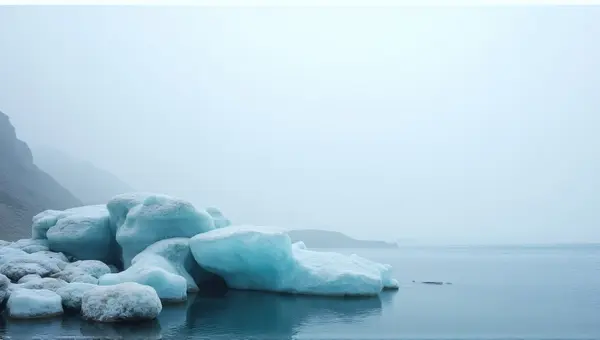 Icy Crystal Stones Near Misty Saltwater Shore