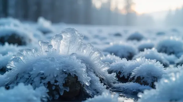 Close-up of icy crystals forming detailed frost patterns on jagged rock surfaces under soft natural light.
