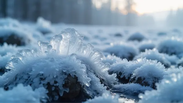 Icy Crystals On Jagged Rock Surfaces