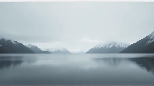 Distant icy mountain peaks beneath a gray sky reflected in still water.