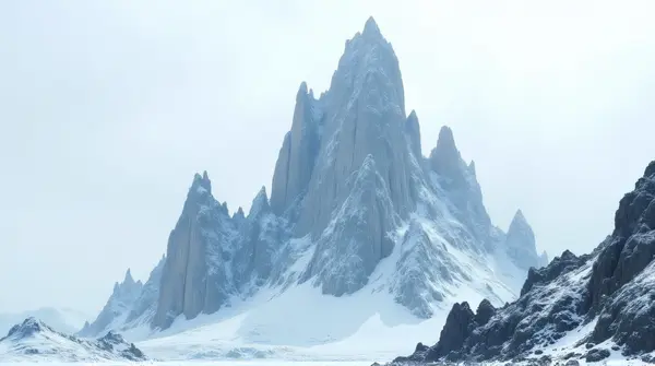 Low-angle view of an icy summit with sharp cliffs and frost-covered rocks under a pale sky.