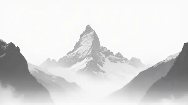 Grayscale image of a tall icy peak framed by rugged ridges under a pale sky.