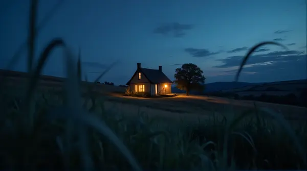 Illuminated Cottage In Rolling Fields At Twilight