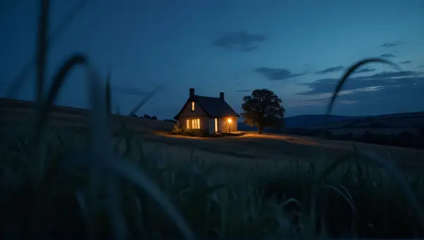 Illuminated Cottage In Rolling Fields At Twilight