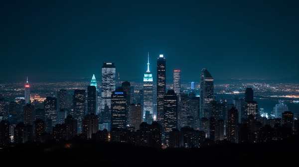 Panoramic view of illuminated tall buildings stretching across the horizon under a dark sky