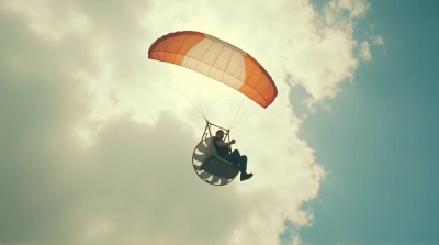 Individual Ascending On Parachute Fan Chair In Clouds