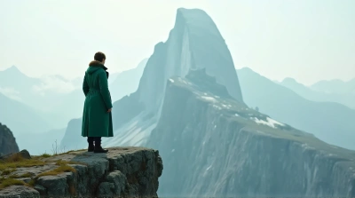Individual in Emerald Coat Near Rocky Ledge With Towering Peak