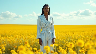 Individual In Patterned Jumpsuit In Golden Floral Landscape