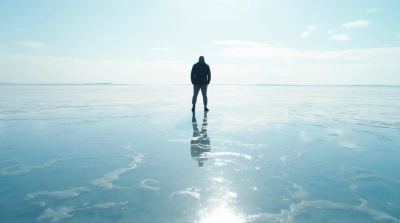 Individual On Reflective Icy Surface In Daylight
