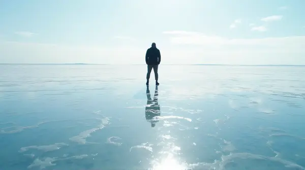 Person on a smooth, translucent icy surface with bright daylight reflecting underneath.